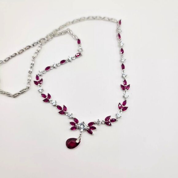 Sterling Silver 925 Red Ruby & White Sapphire Necklace - Picture 4 of 4